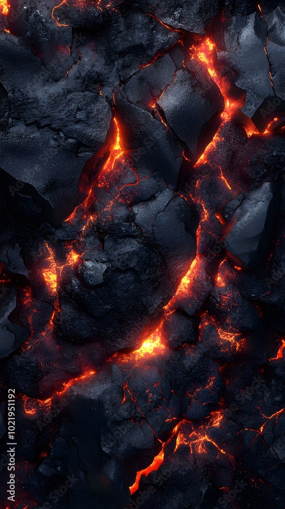 A top-down view of the dark, jagged surface of an erupting volcano with lava flowing down it A top-down view of the dark, jagged surface of an erupting volcano with lava flowing down it