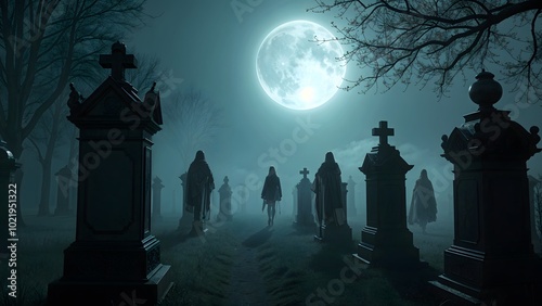 Wallpaper Mural Halloween ghostly figures in a foggy graveyard creating a chilling and atmospheric scene Torontodigital.ca