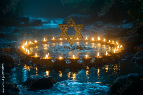 Star of david with candles, sacred gatherings, jewish cultural heritage, sacred moments and holiday blessings photo