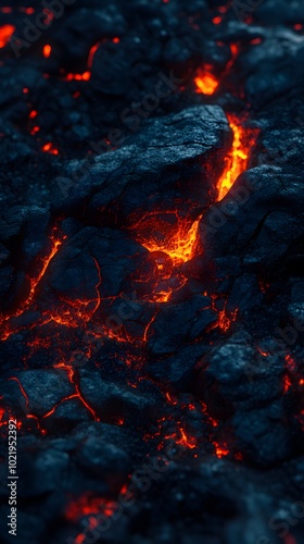 A top-down view of the dark, jagged surface of an erupting volcano with lava flowing down it