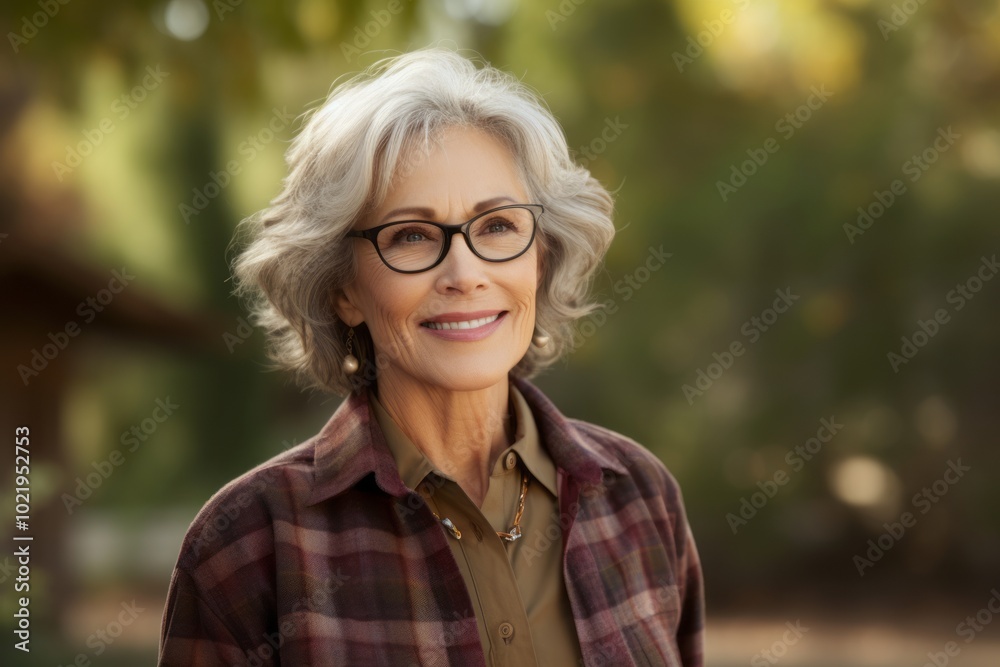 smiling senior woman in eyeglasses looking at camera in park smiling senior woman in eyeglasses looking at camera in park