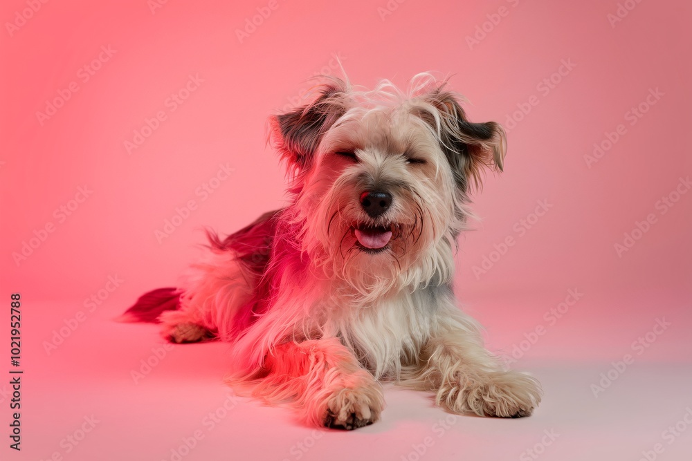 Smiling Dog in Red Light: A small, fluffy dog with a playful expression basks in the glow of a red light, creating a vibrant and heartwarming image. Smiling Dog in Red Light: A small, fluffy dog with a playful expression basks in the glow of a red light, creating a vibrant and heartwarming image.