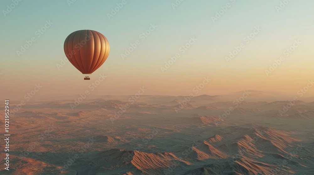   A hot air balloon soars above the desert's mountain range, its majestic peaks reflected in the clear sky