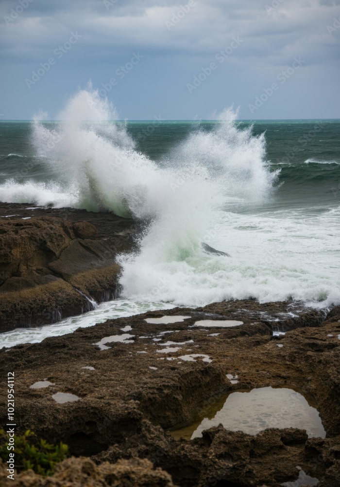 Fototapeta premium Dramatic ocean wave crashing against rocky shoreline on a cloudy day