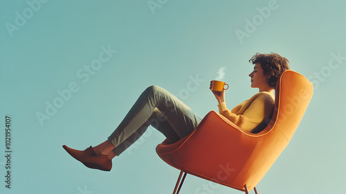 una mujer sentada en una silla o sofa tomando un taza de cafe caliente relajada y tranquila disfrutando de un momento de descanso sobre una pared azul con espacio de copia