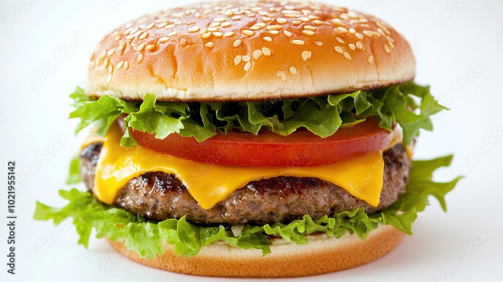 A cheeseburger on a bun with lettuce, tomato, and ketchup A cheeseburger on a bun with lettuce, tomato, and ketchup