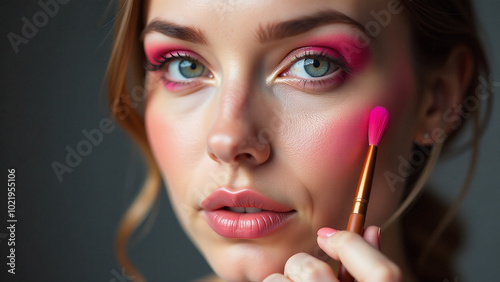 A woman with bright pink eye makeup and a brush in her hand,