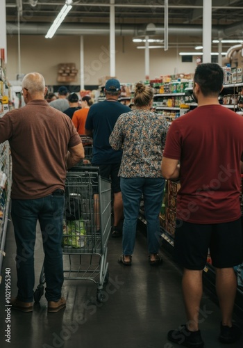 Grocery store shopping experience with diverse shoppers and long checkout lines