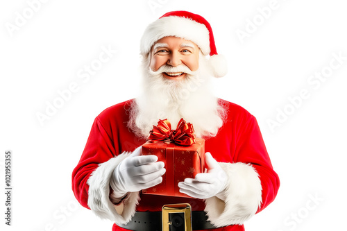 Smiling Santa Claus Holding Gift Box Isolated on White Background photo