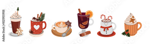 Christmas hot drinks, winter holiday hot cups. Mug of hot chocolate, cocoa, cappuccino, mulled wine. Christmas drink with marshmallows, cinnamon, gingerbread. Flat vector illustrations isolated 