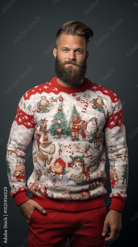 Xmas vibes - waiting for Santa! Young handsome hipster man wearing ugly Christmas sweater, smiling at the camera. Vertical frame for instagram story, reel or tiktok Xmas vibes - waiting for Santa! Young handsome hipster man wearing ugly Christmas sweater, smiling at the camera. Vertical frame for instagram story, reel or tiktok