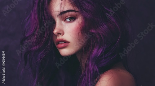 Purple haired woman portrait with dramatic lighting, digital art