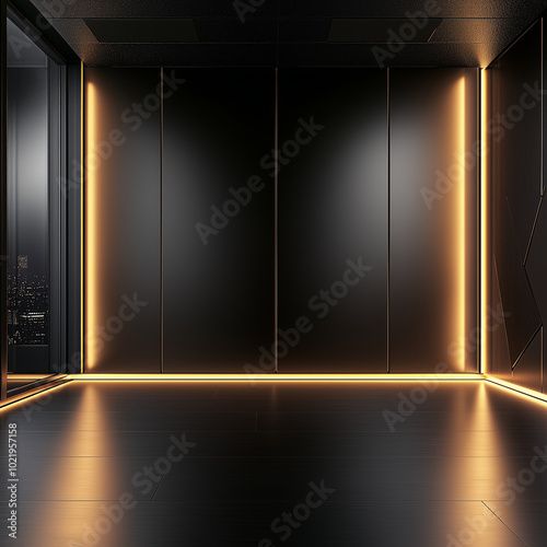A minimalist room, golden room lines, square neon frame glowing brightly in a dark, minimalist room