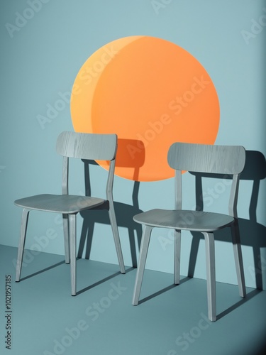 Waiting for You: Two Minimalist Chairs Await.  A serene scene with two light grey chairs set against a teal wall, a large, warm-toned circle adds a touch of visual intrigue. photo