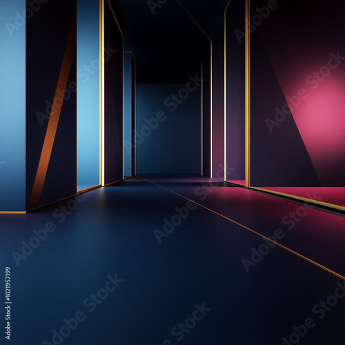 A modern hallway with sharp lines and glowing neon accents in a minimalistic design