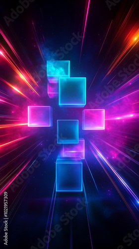 Neon cubes hover in a vibrant digital space, radiating energy in pink, blue, and purple hues