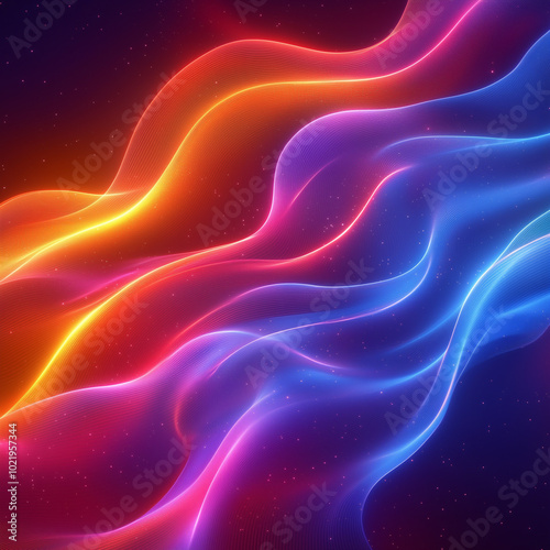 Wavy neon lights in orange and blue create a futuristic and dynamic energy on a dark background