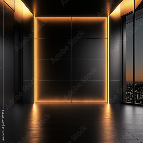 A minimalist room, golden room lines, square neon frame glowing brightly in a dark, minimalist room