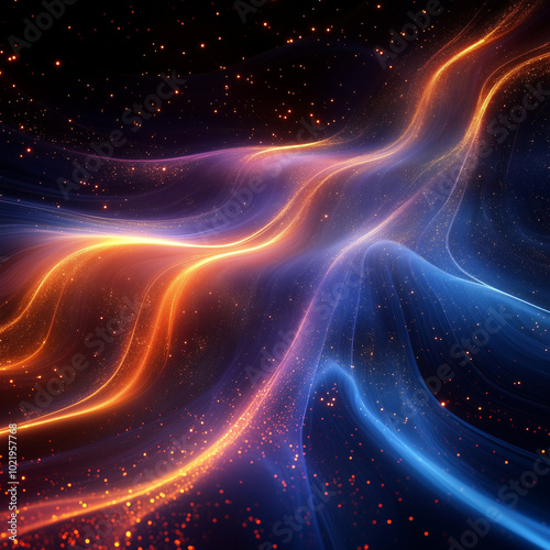 Wavy neon lights in orange and blue create a futuristic and dynamic energy on a dark background