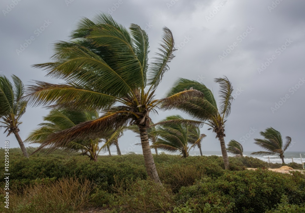 Windy coastal landscape with swaying palm trees under overcast skies Windy coastal landscape with swaying palm trees under overcast skies