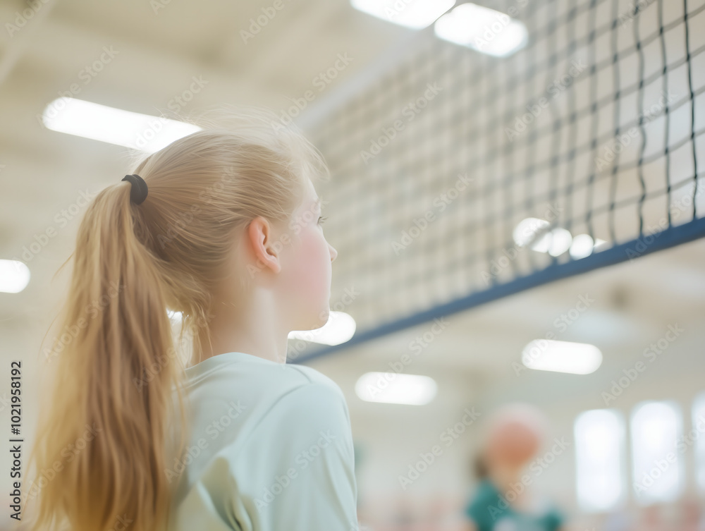 Obraz premium Young Female Volleyball Player Looking Up at Net in Indoor Gym
