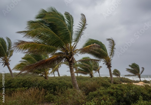 Wallpaper Mural Windy coastal landscape with swaying palm trees under overcast skies Torontodigital.ca