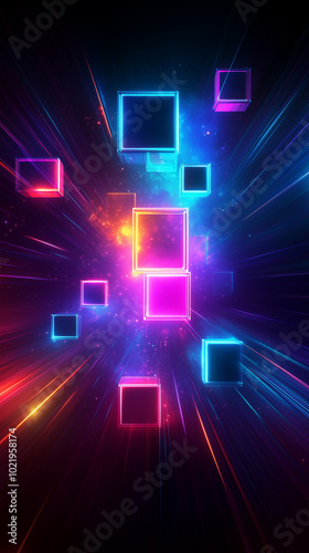 Neon cubes glow vibrantly in a digital, tech-inspired environment with energy-filled lights