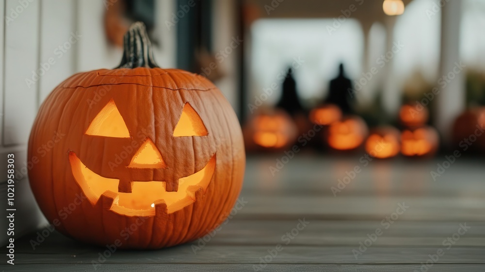 Old-fashioned Halloween porch scene, jack-o'-lanterns glowing, eerie silhouettes in the distance, warm autumn hues Old-fashioned Halloween porch scene, jack-o'-lanterns glowing, eerie silhouettes in the distance, warm autumn hues