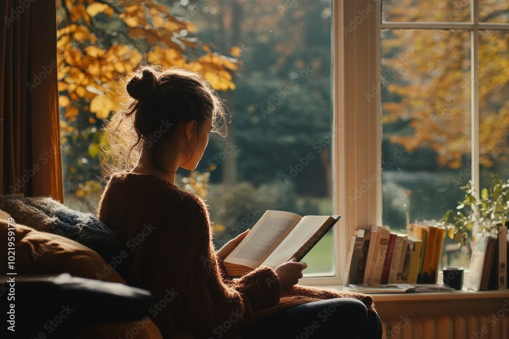Young Woman Enjoying a Peaceful Moment Reading by Window Young Woman Enjoying a Peaceful Moment Reading by Window