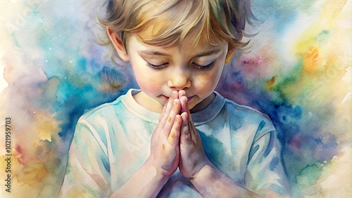 Young child in prayer with peaceful expression and light. Watercolor.