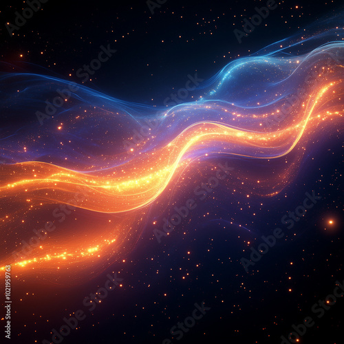 Abstract neon waves in vivid shades of purple, orange, and blue flow like a digital ocean under a cosmic sky, creating a vibrant and dreamy landscape