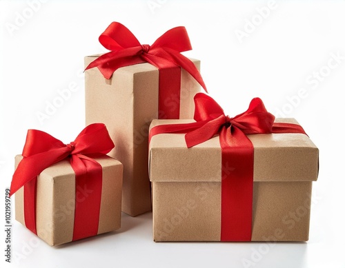 kraft gift boxes with red ribbons photo