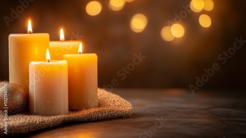 A serene arrangement of lit candles on a textured surface, creating a warm and inviting atmosphere.