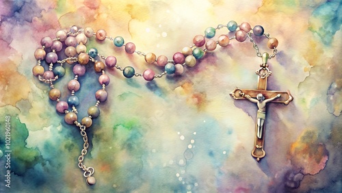 Watercolor rosary with colorful beads and crucifix on abstract background
