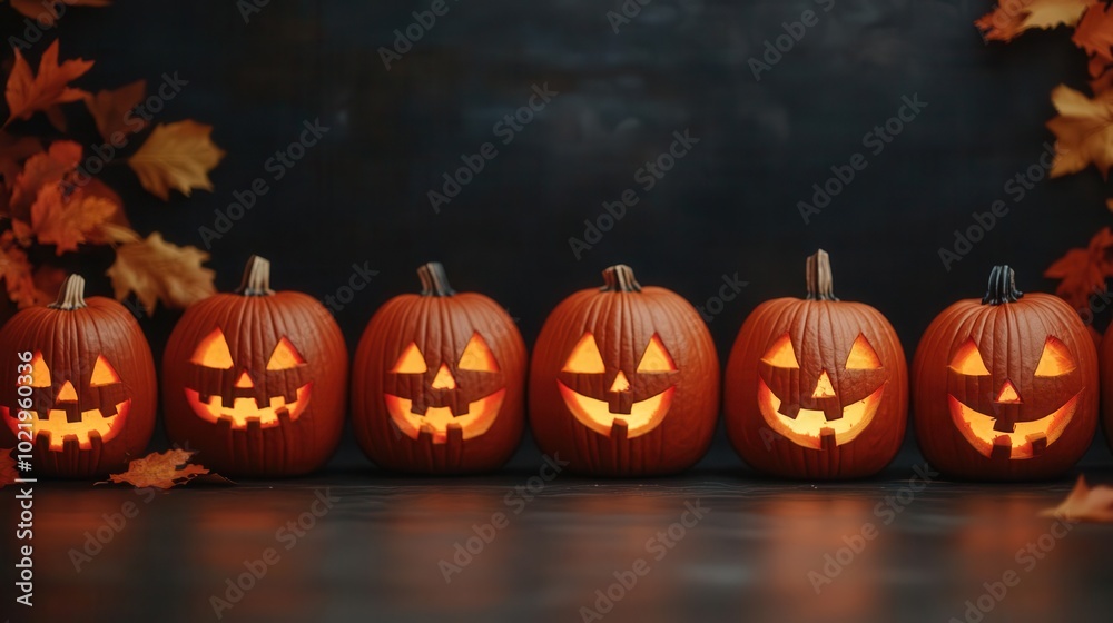 Retro Halloween pumpkin contest, glowing jack-o'-lanterns lined up, autumn leaves swirling in the wind Retro Halloween pumpkin contest, glowing jack-o'-lanterns lined up, autumn leaves swirling in the wind