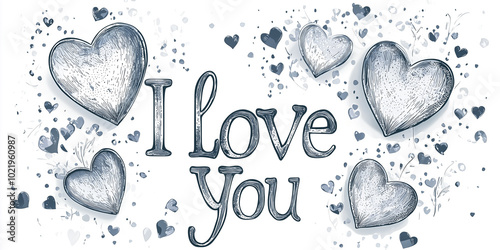 I love you -  hand drawn lettering with hearts and branches greeting card 