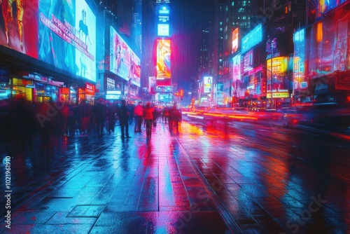 A bustling city street at night with neon lights reflecting in the wet pavement.