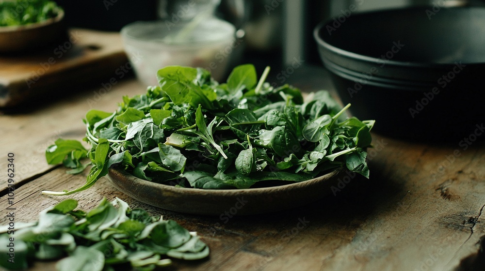 A bowl of green leaves sits atop a wooden table, alongside a spinach leaf-filled container A bowl of green leaves sits atop a wooden table, alongside a spinach leaf-filled container