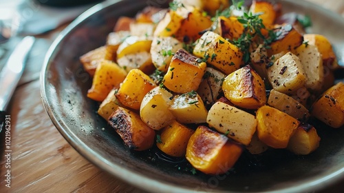  plate of potatoes and herbs with cutlery