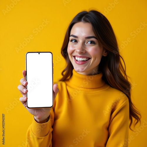 Woman with Smartphone Mockup: Excited Female Presenting Blank Mobile Screen on Vibrant Yellow Background for App or Product Showcase