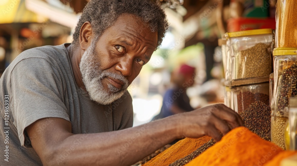 A middle-aged Black man in his 50s with a salt-and-pepper beard carefully selecting spices at a bustling market. A middle-aged Black man in his 50s with a salt-and-pepper beard carefully selecting spices at a bustling market.
