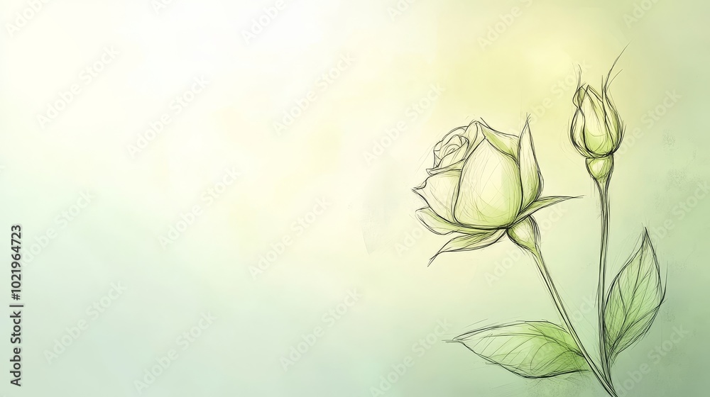 Obraz premium A delicate sketch of a rose and buds on a soft gradient background, evoking beauty and tranquility.