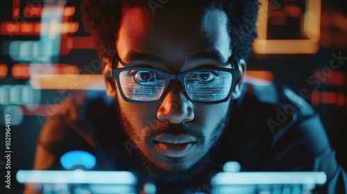 A Black African American IT specialist looking at a digital interface with AI cybersecurity 