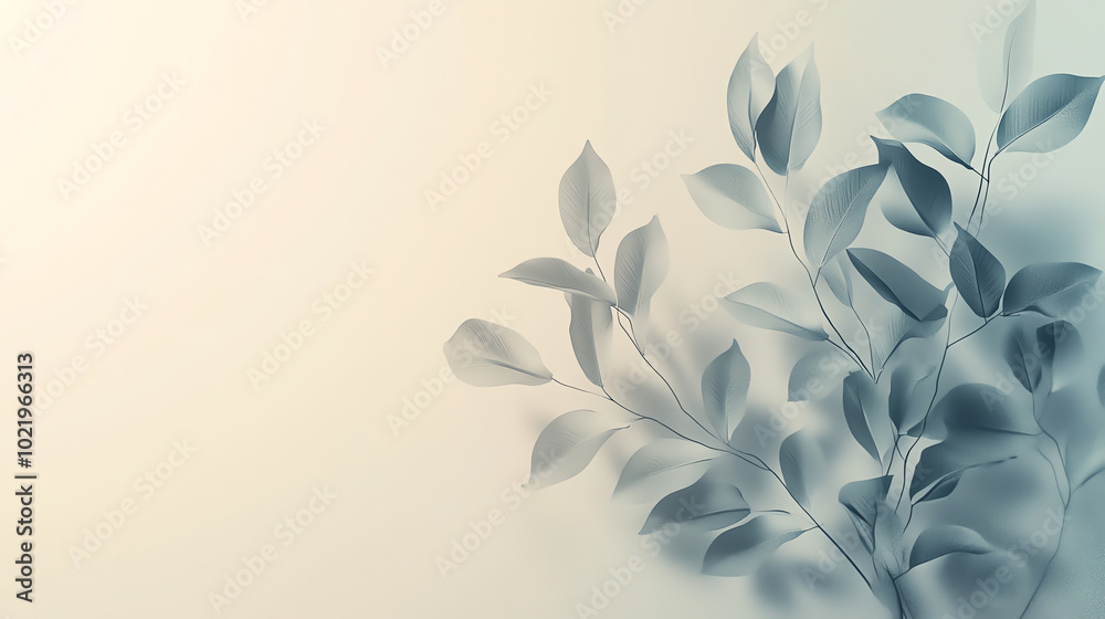 A delicate branch with soft green leaves, elegantly arranged against a light pastel background, creating a serene and fresh atmosphere. A delicate branch with soft green leaves, elegantly arranged against a light pastel background, creating a serene and fresh atmosphere.