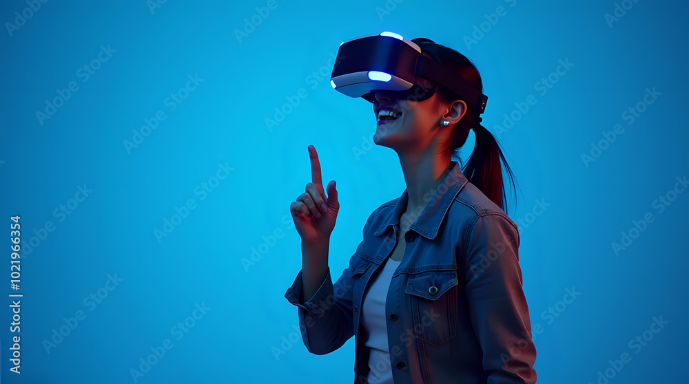 Confident young woman in led modern vr goggles Confident young woman in led modern vr goggles