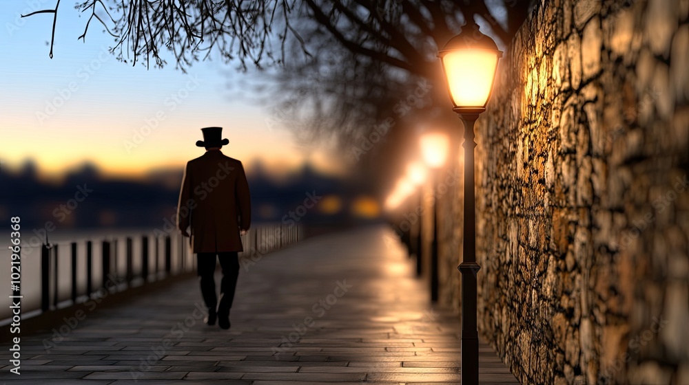 A man dressed in Victorian fashion strolls through a dimly lit alley at night, his silhouette framed by the warm glow of a nearby gas lamp amidst a mysterious fog A man dressed in Victorian fashion strolls through a dimly lit alley at night, his silhouette framed by the warm glow of a nearby gas lamp amidst a mysterious fog