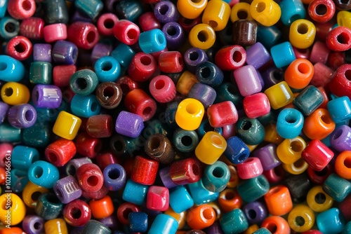 Colorful beads are laying on a surface, forming a textured background