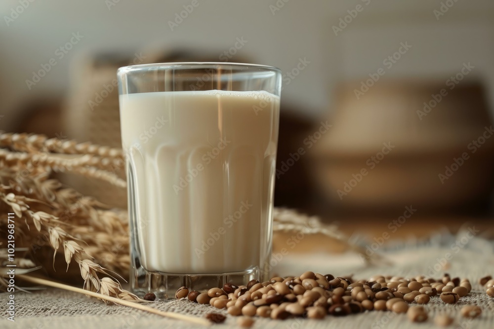 Glass of soy milk sitting on a tablecloth with soybeans and wheat strewn around it Glass of soy milk sitting on a tablecloth with soybeans and wheat strewn around it