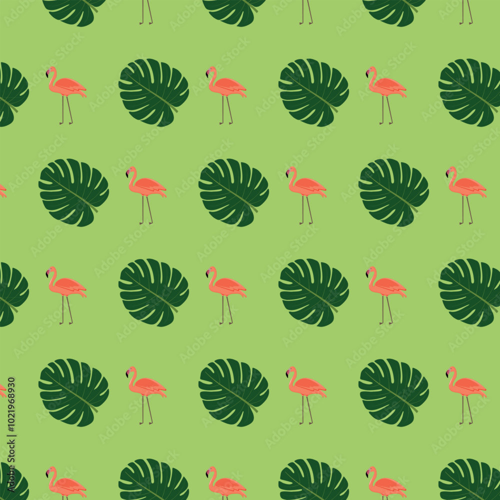 Seamless repeating pattern of green tropical leaves and flamingos. Seamless repeating pattern of green tropical leaves and flamingos.
