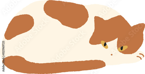 Hand-drawn illustration of a cat lying down and gazing directly at the viewer. Modern and minimalist feline drawing in shades of brown and beige. Flat vector illustration isolated on white background
